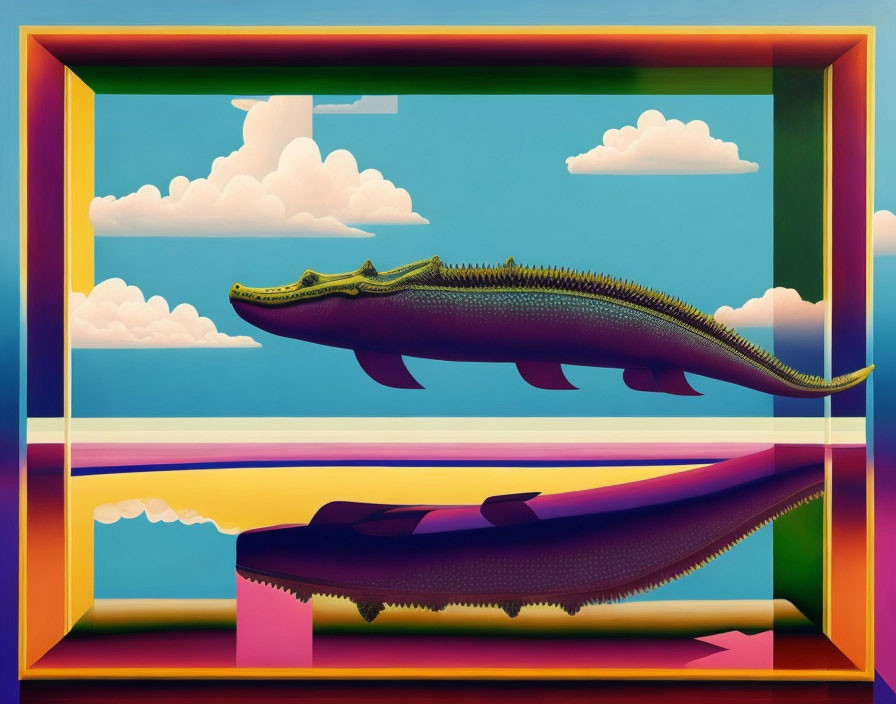 Surreal painting: floating alligator over water, clouds backdrop, vibrant colors