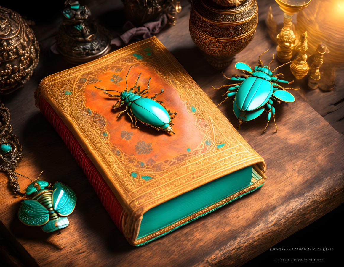 Turquoise and gold ornate book with beetle figurine and jeweled accessories on wooden surface