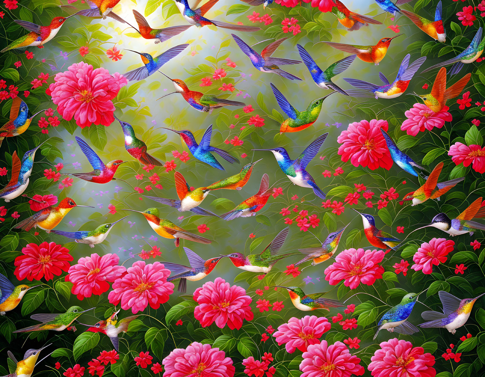 Colorful Hummingbirds and Flowers Illustration with Shimmering Background