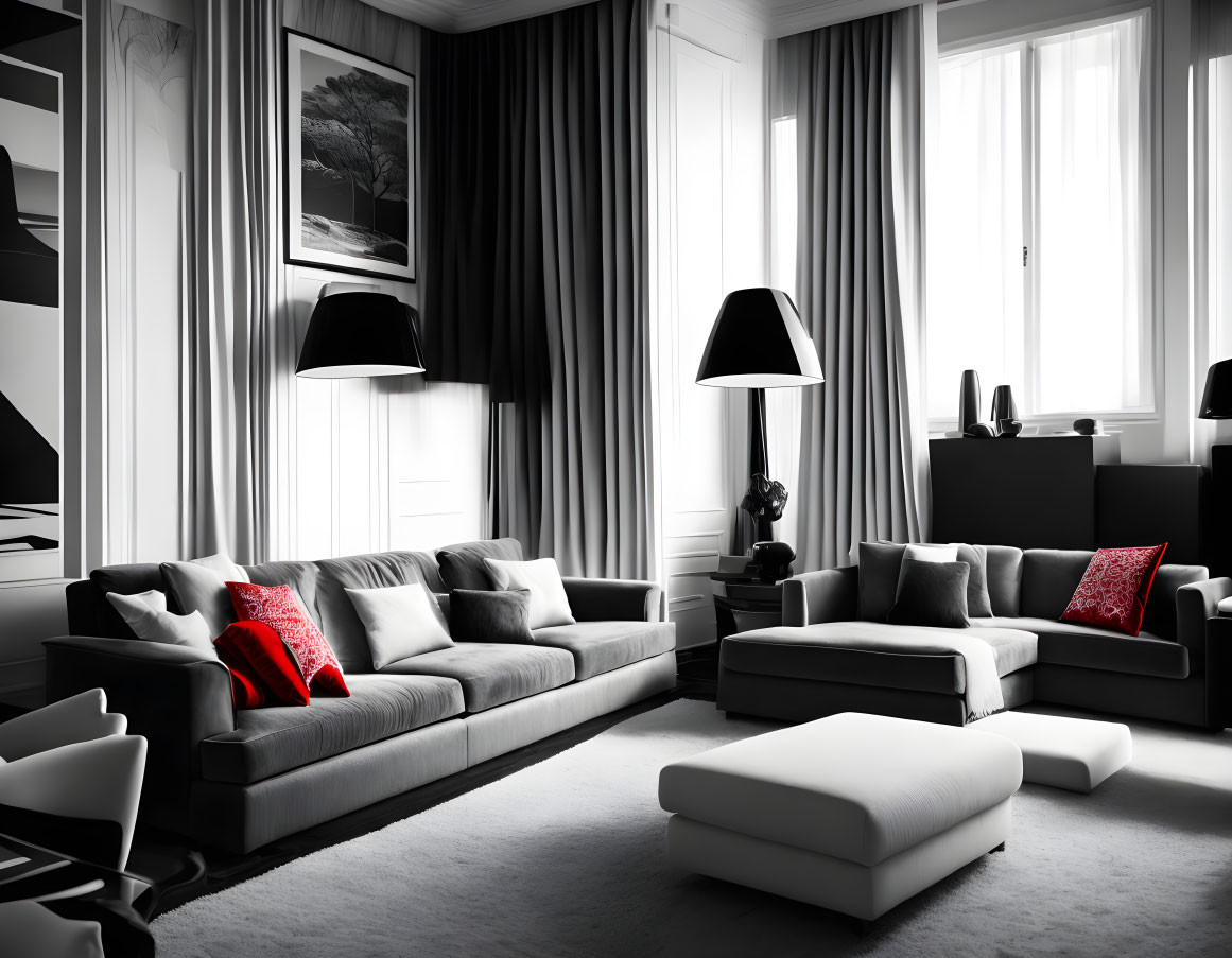 Modern monochrome living room with grey sofa, red pillows, black lamps, white ottoman, and