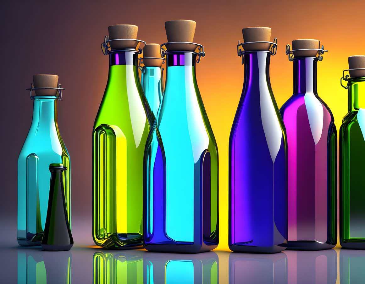 Row of Colorful Glass Bottles with Cork Stoppers on Reflective Surface