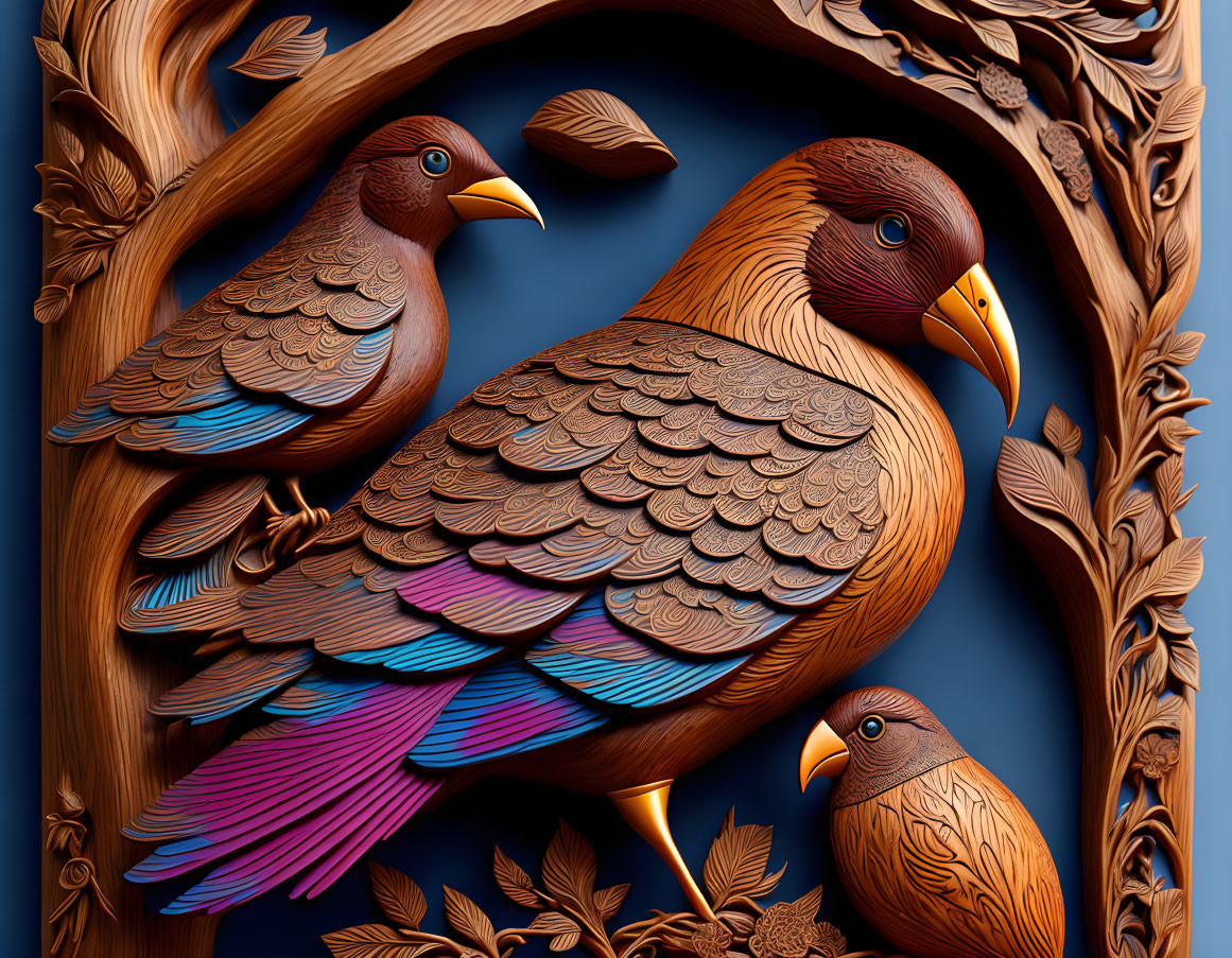 Detailed Wooden Bird Carvings on Elaborate Branches