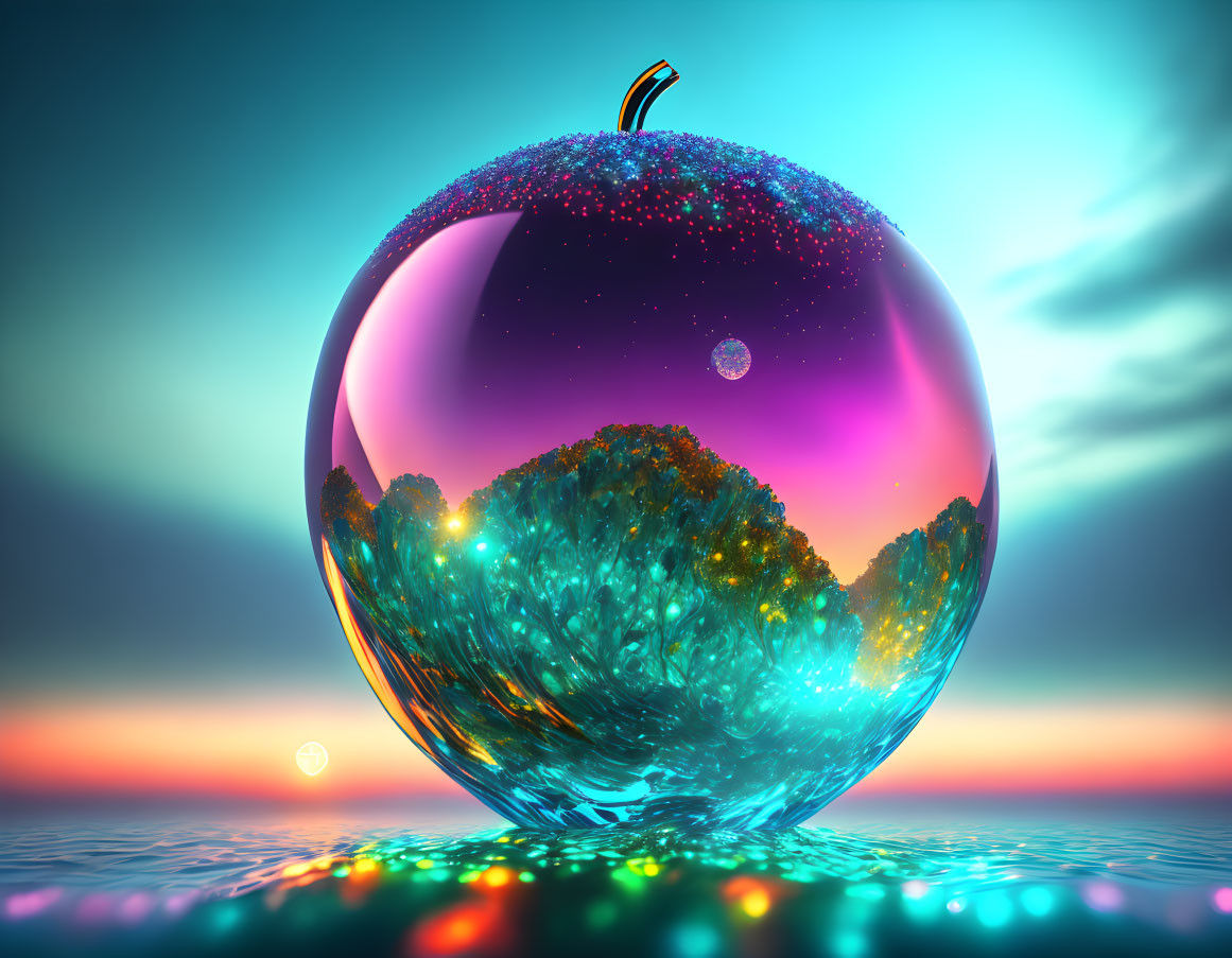 Surreal image of glowing tree in apple-shaped glass sphere at twilight