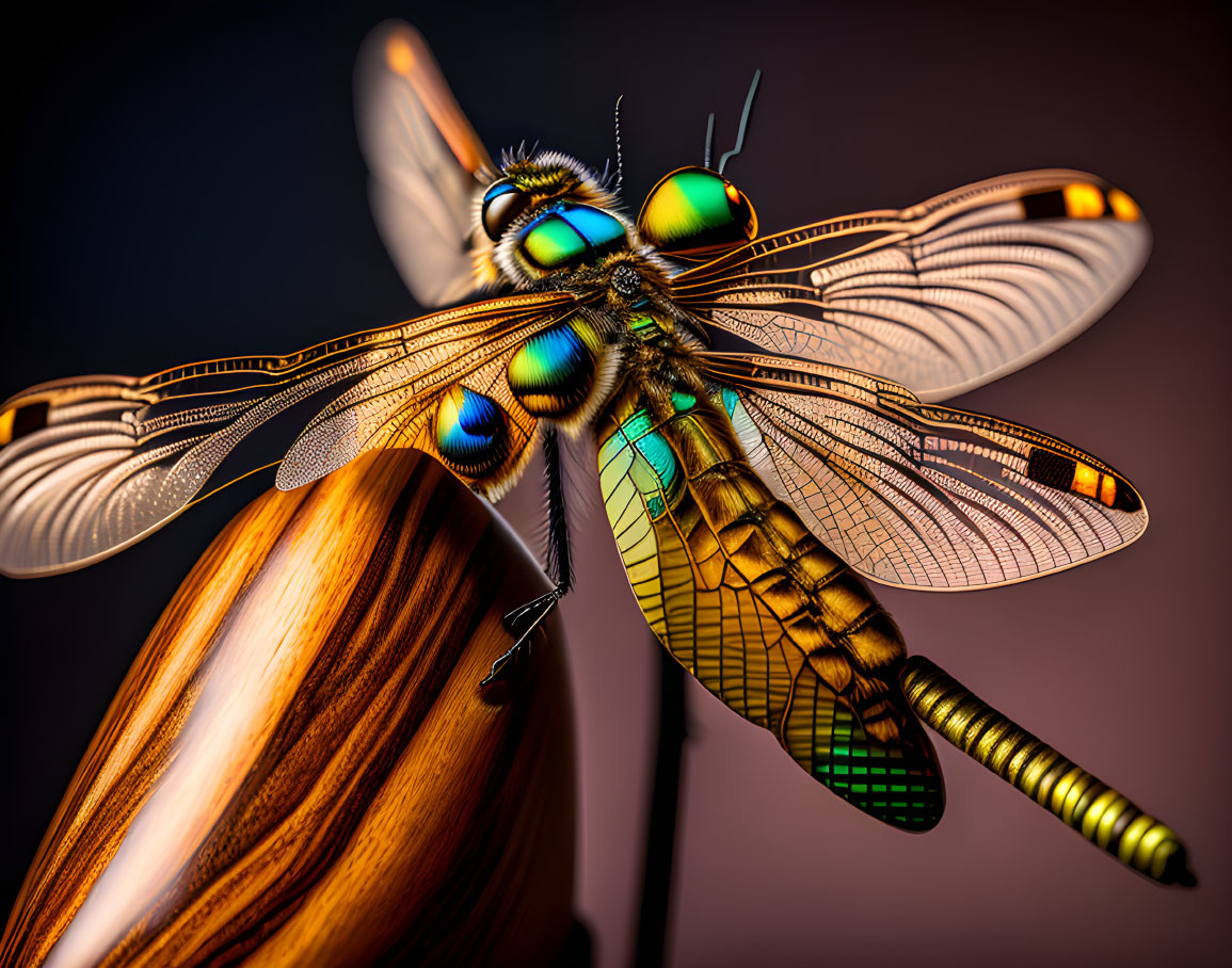 Dragonfly perched on curved surface with translucent glowing wings on warm gradient background