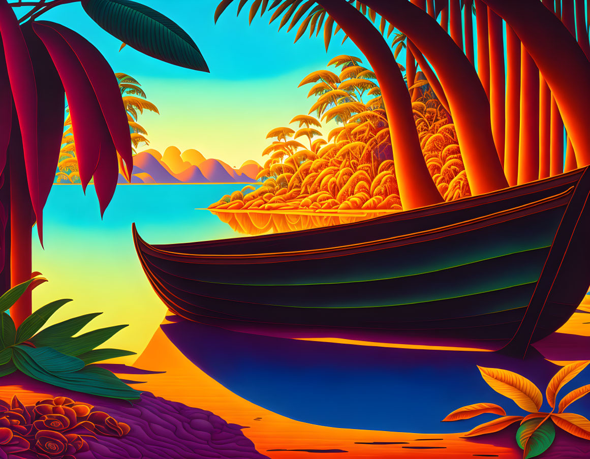 Tropical digital artwork: Canoe on lush shore under warm sunset