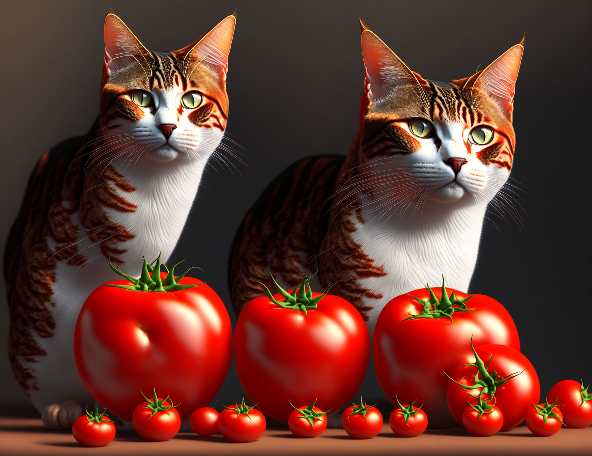 Realistic Tabby Cats with Red Tomatoes on Brown Surface