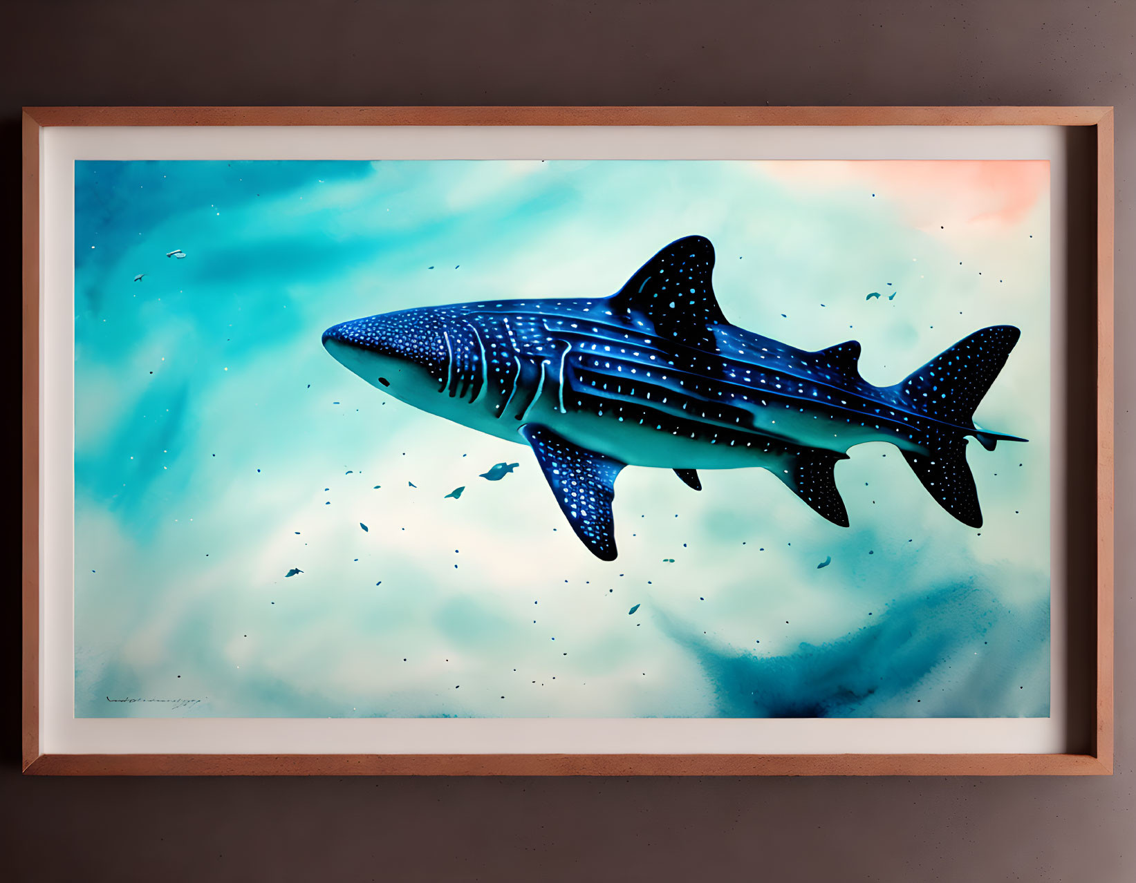 Stylized blue shark art in wooden frame against dark wall