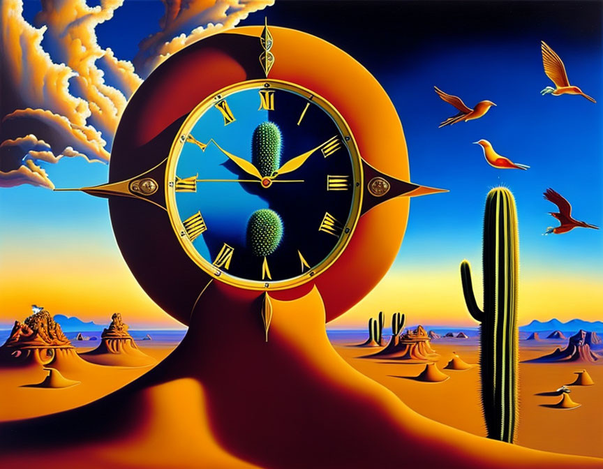 Surreal painting: Melting clock, desert landscape, cacti, birds, vibrant sky