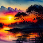 Digital artwork: Sunset over serene lake with tree reflections