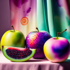 Colorful Still Life: Assorted Fruits in Glass Bowl on Draped Fabric Background