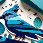 Vibrant blue paper art birds on branches with green leaves against white background