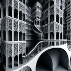 Detailed black and white surreal architectural illustration.