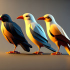 Stylized bird figurines in black, white, and grey on smooth surface against warm gradient background