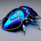 Blue metallic beetle with intricate patterns on shell on gray background