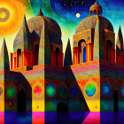 Colorful Psychedelic Castle Illustration Against Abstract Sky