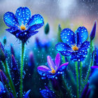 Rain-soaked blue flowers with droplets on petals in soft-focus background