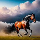 Majestic bay horse galloping under dramatic sky