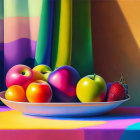 Colorful Fruit Bowls Against Draped Curtains