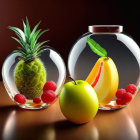 Glass pitchers surrounded by apples, oranges, and berries with juice.