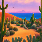 Colorful desert sunset with cacti, sand dunes, and birds in pink-blue sky