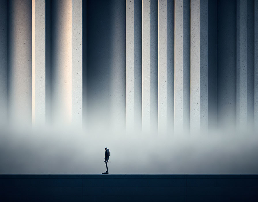 Solitary figure walking among towering vertical lines in misty scene