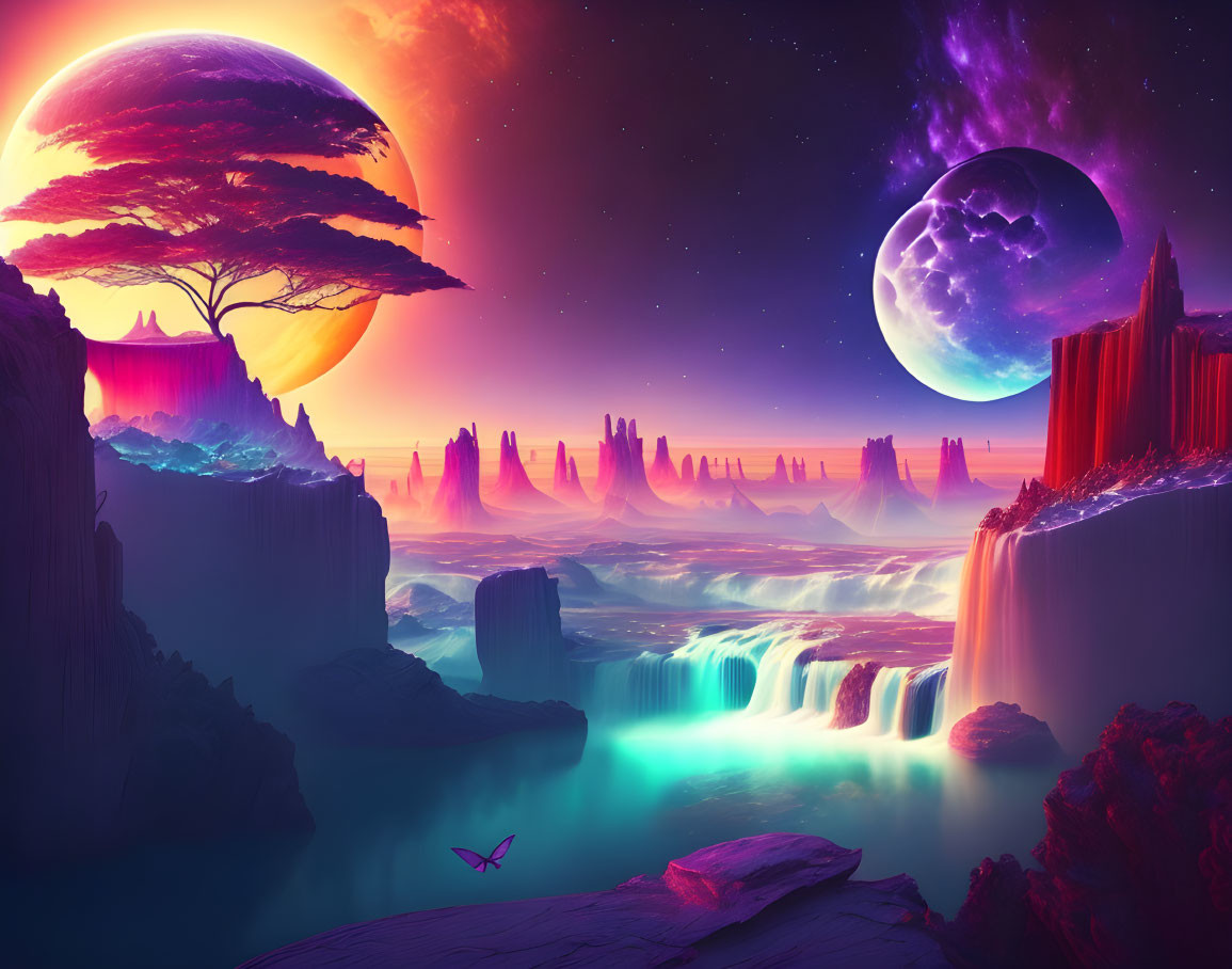 Colorful sci-fi landscape with tree, waterfalls, bird, and celestial bodies