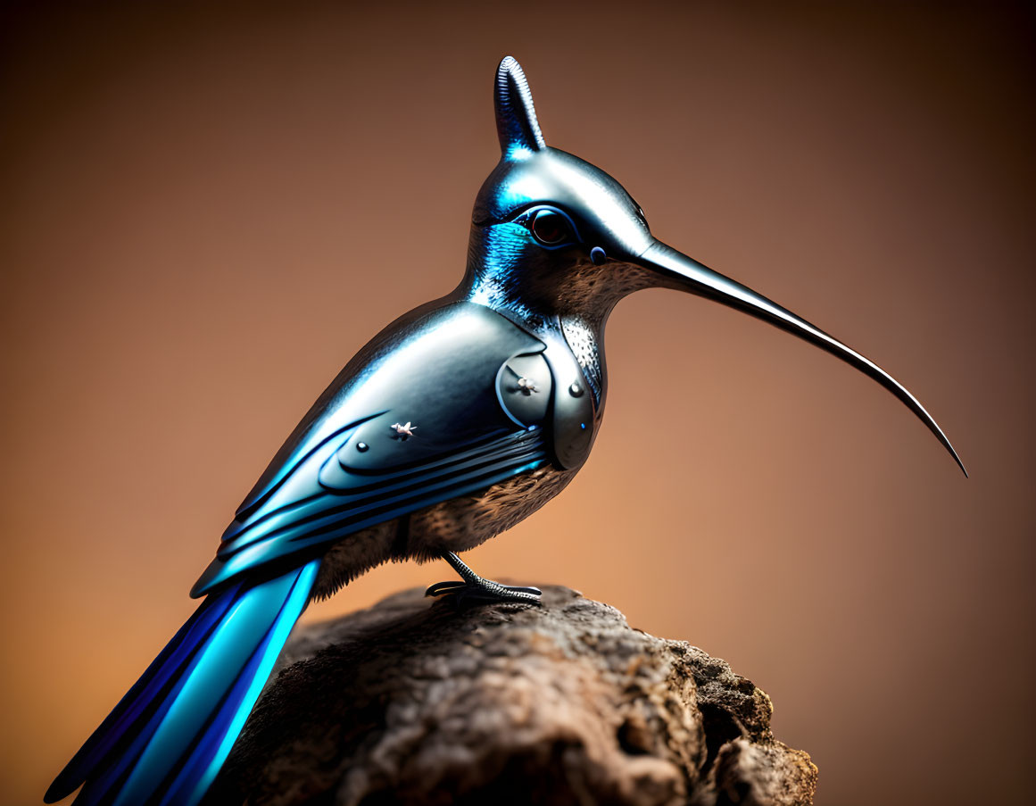 Blue metallic hummingbird sculpture on rocky surface with textured details.