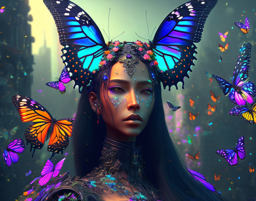 Fantasy portrait of a woman with butterfly wings and vibrant butterflies in rich colors