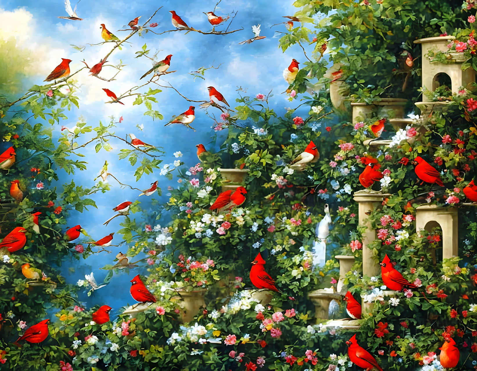 Colorful Artwork: Red Cardinals on Flowering Branches with Columns and Sky