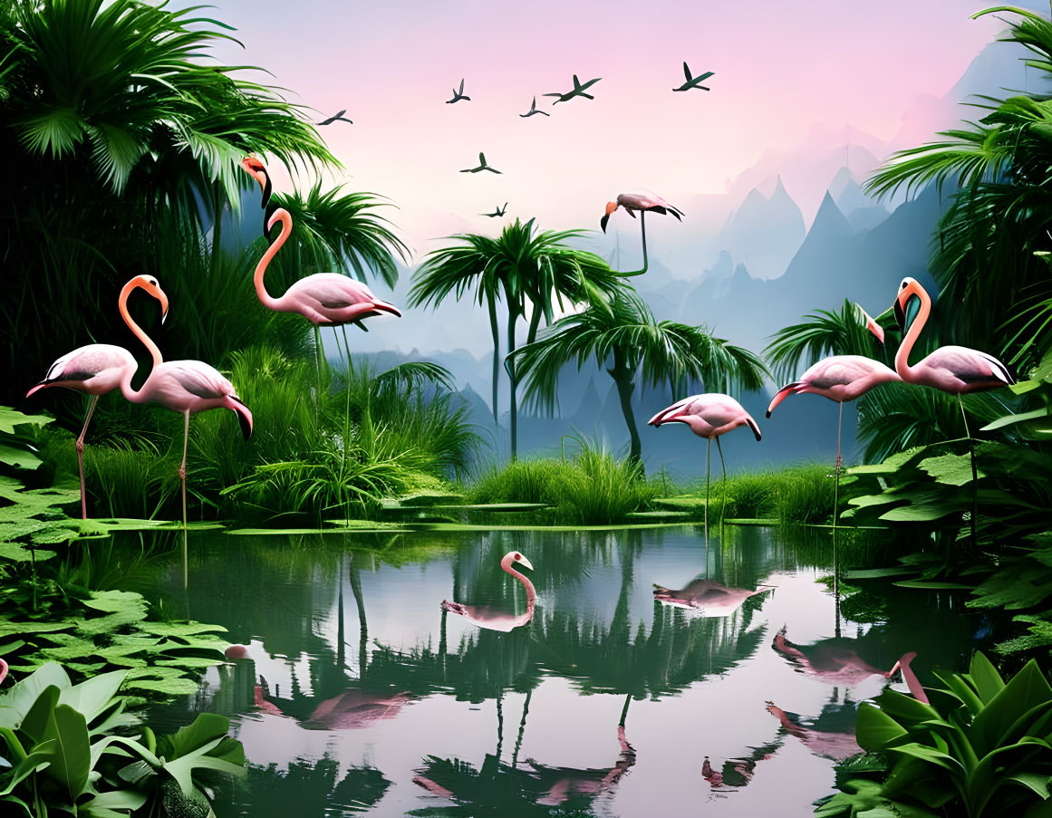 Pink flamingos near lake with mountains and twilight sky