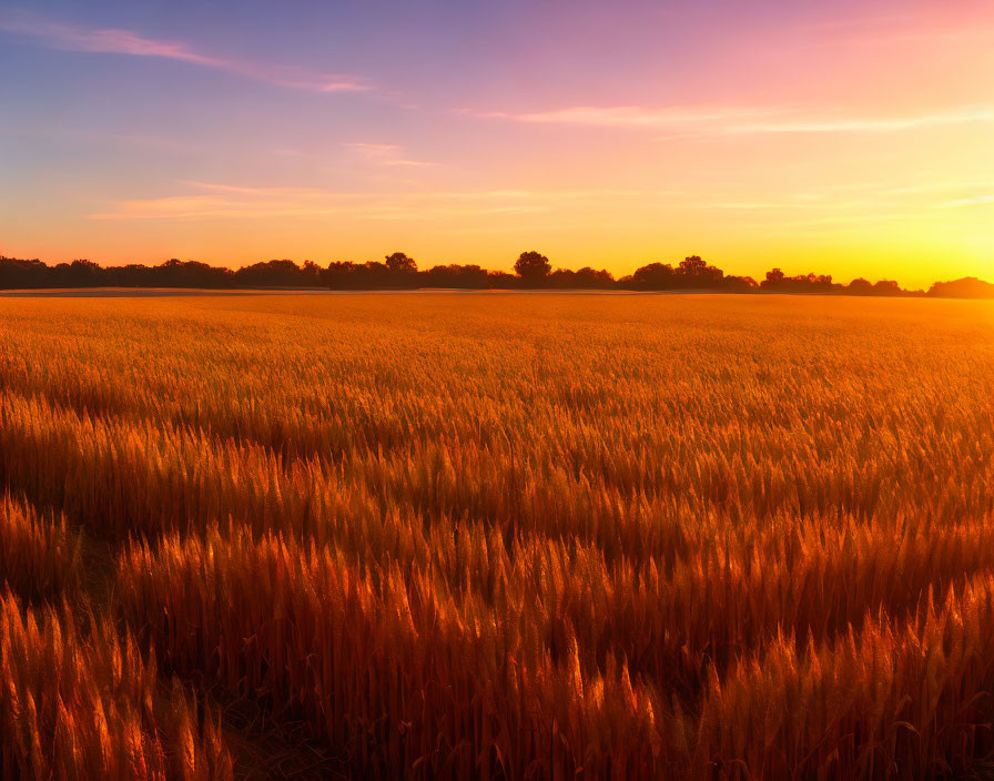 Serene sunset over golden wheat field with vibrant orange and purple hues