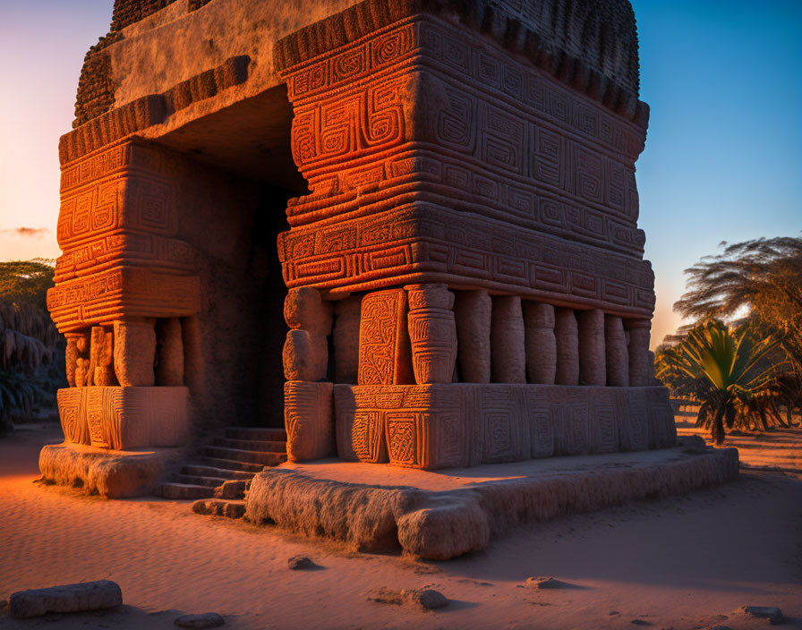 Traditional African Mud Brick Building with Ornate Carvings and Columns in Desert Setting