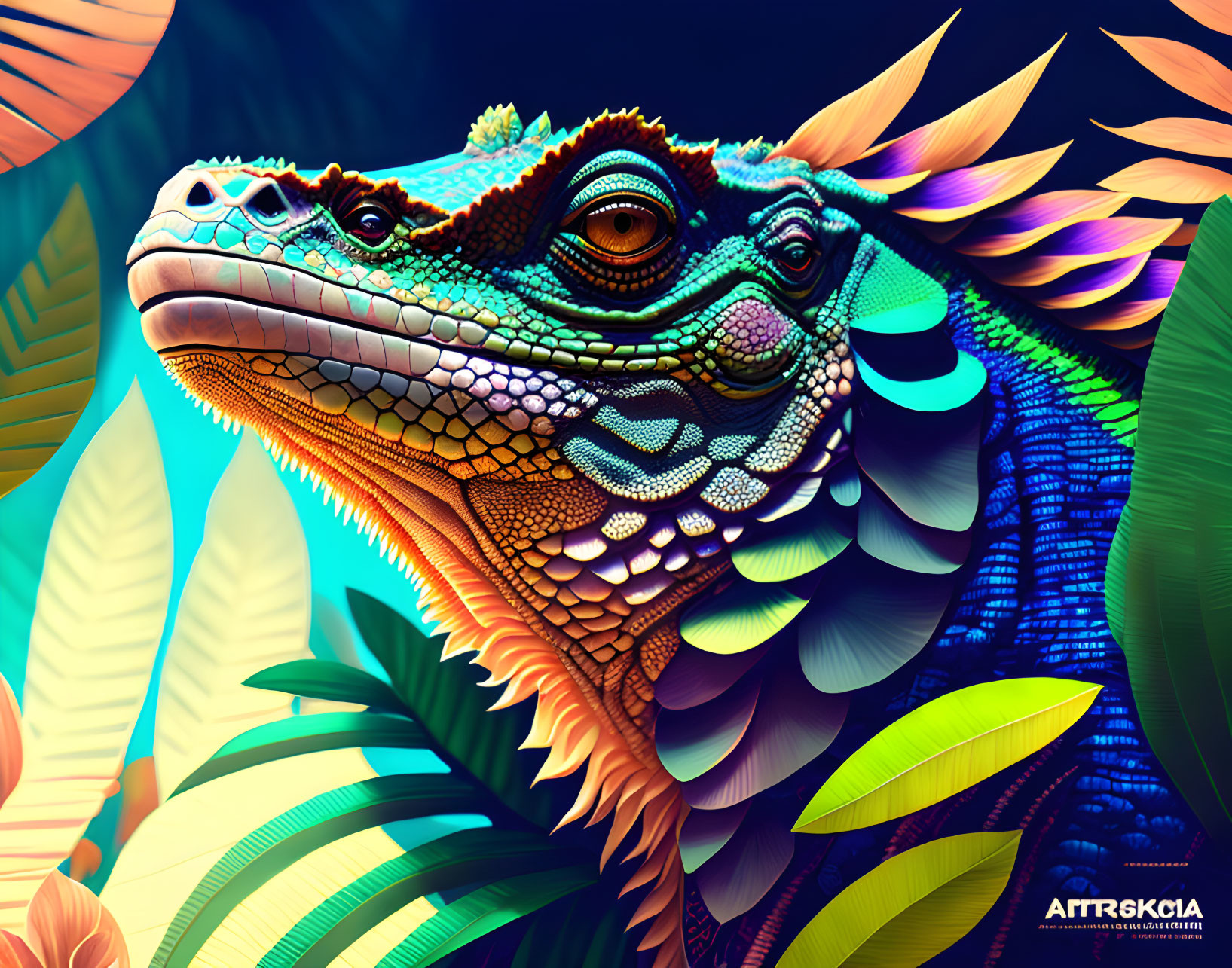 Colorful Digital Illustration of Iguana in Tropical Setting