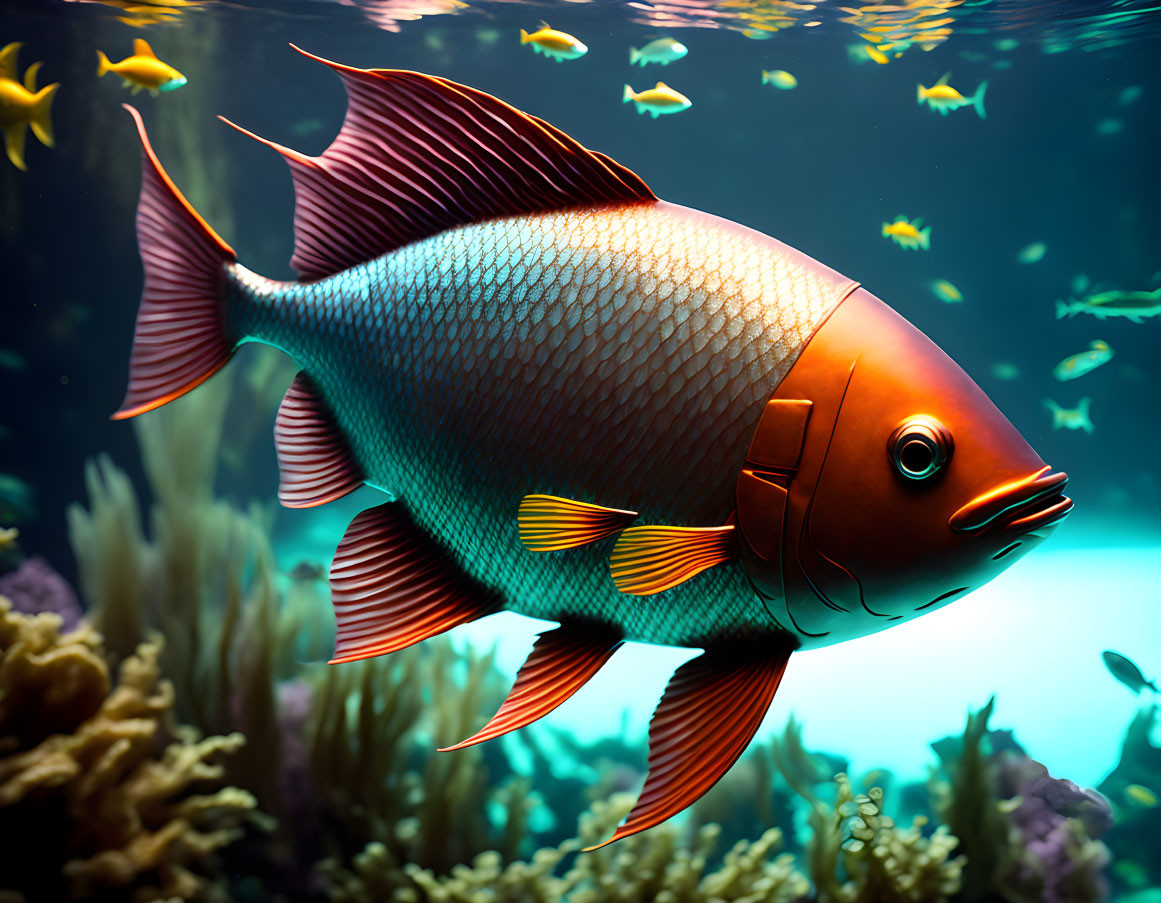 Colorful fish with shimmering scales and orange fins in coral reef setting