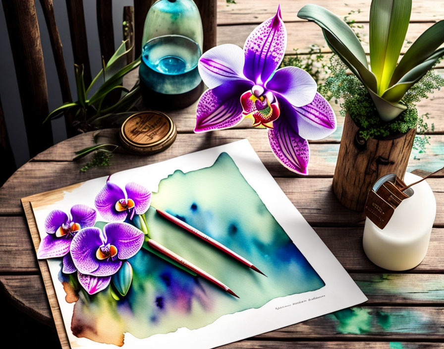 Colorful Still Life with Purple Orchids, Art Supplies, and Home Decor