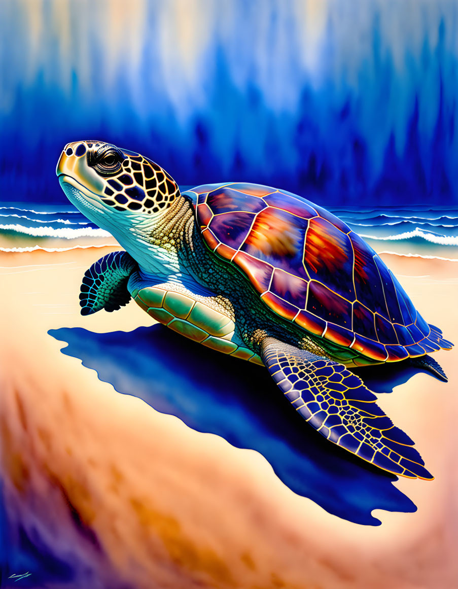 Colorful Sea Turtle Illustration on Sandy Beach with Blue Ocean Waves