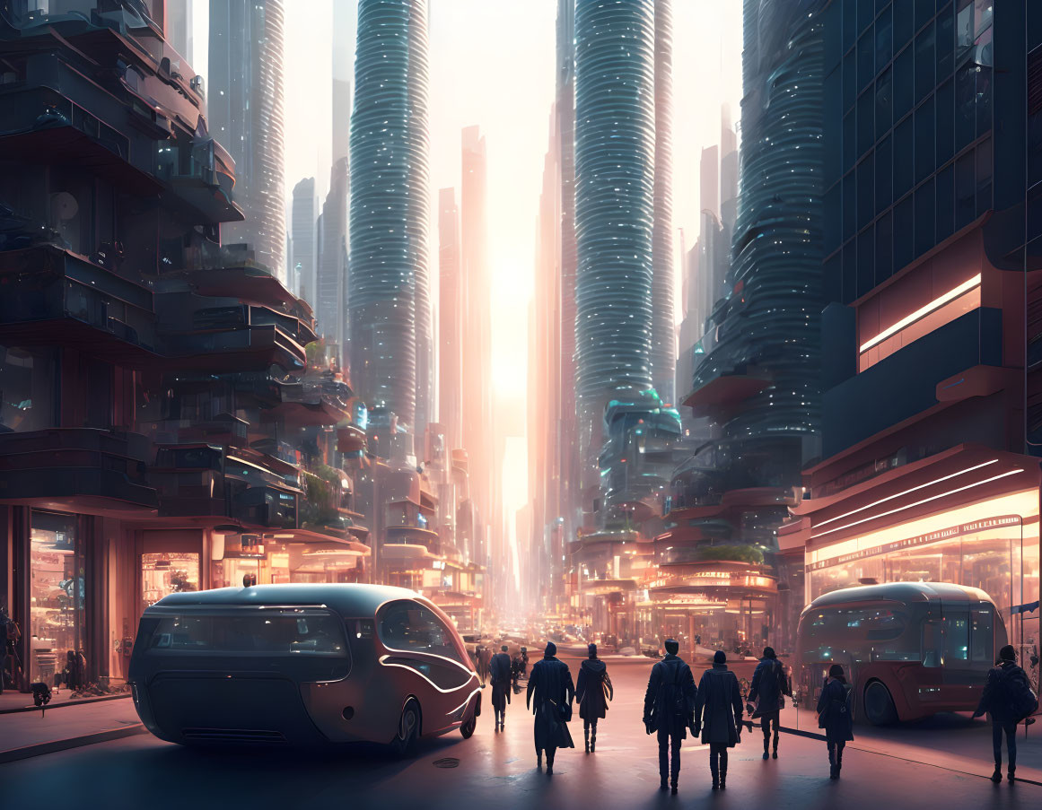 Futuristic cityscape at dusk with skyscrapers, vehicles, and pedestrians in warm sunset glow