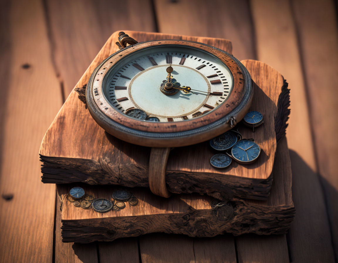 Antique pocket watch on rustic wooden surface with scattered old coins