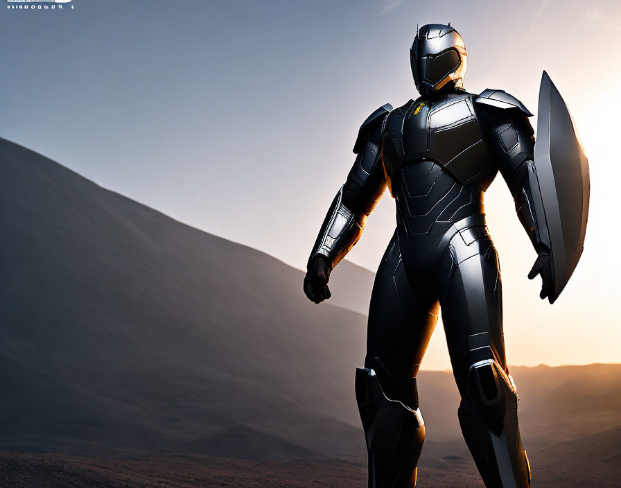 Figure in advanced armor on sandy dune with shield at sunset