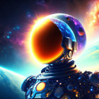 Futuristic robot in cosmic scene with vibrant planets and stars