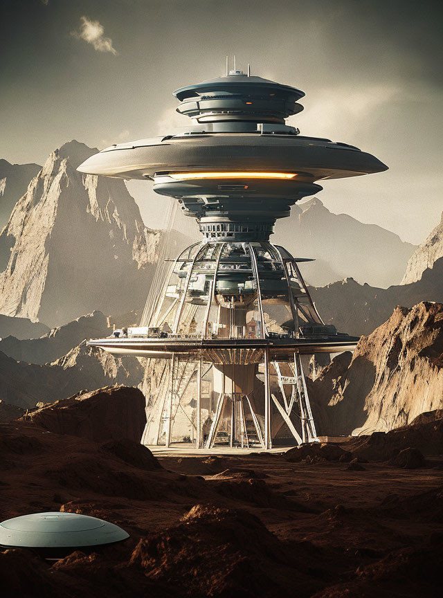 Futuristic flying saucer building on tower in rocky terrain