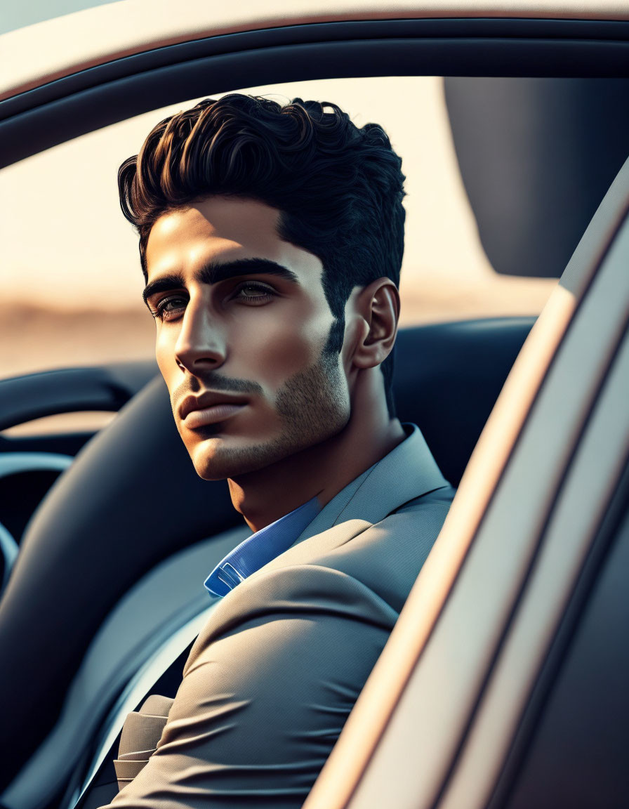 Dark-haired man in suit sitting in car, looking at camera with sophisticated gaze