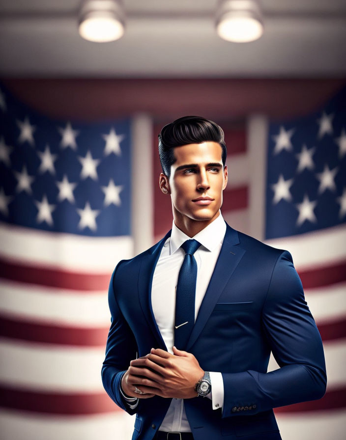 Stylish man in blue suit poses confidently with American flag background