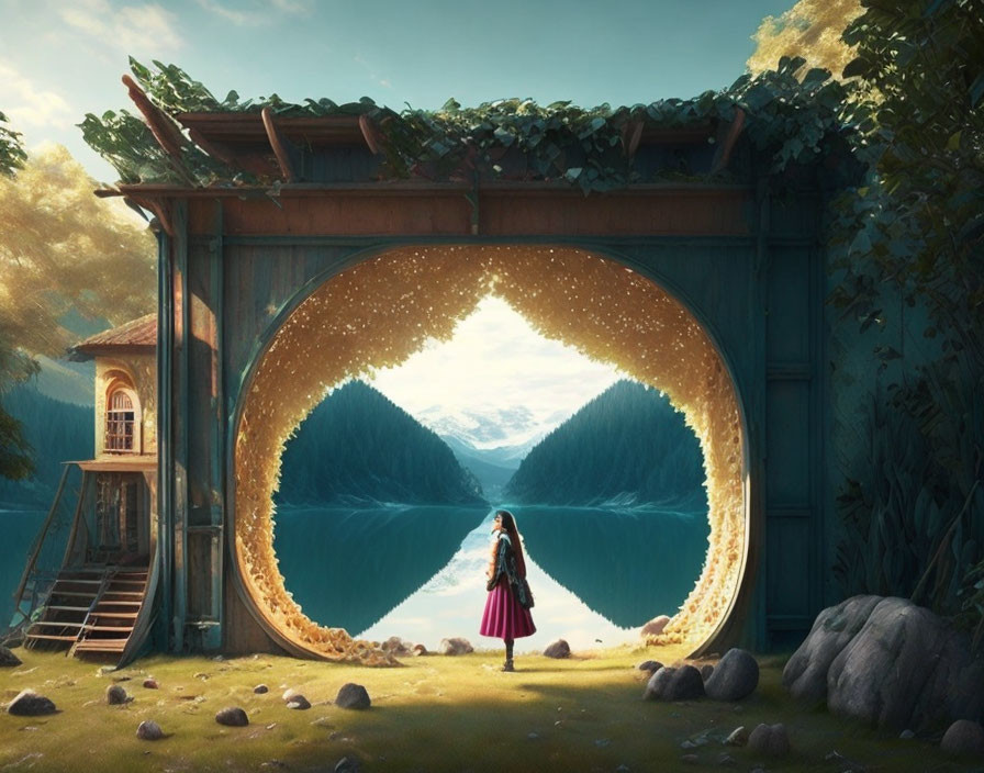 Girl gazes at surreal mirrored landscape through round portal