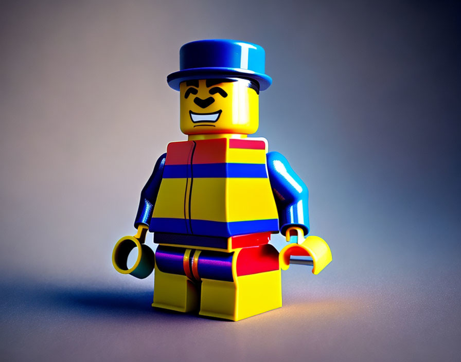 Blue Top Hat Lego Minifigure in Yellow and Red Striped Shirt