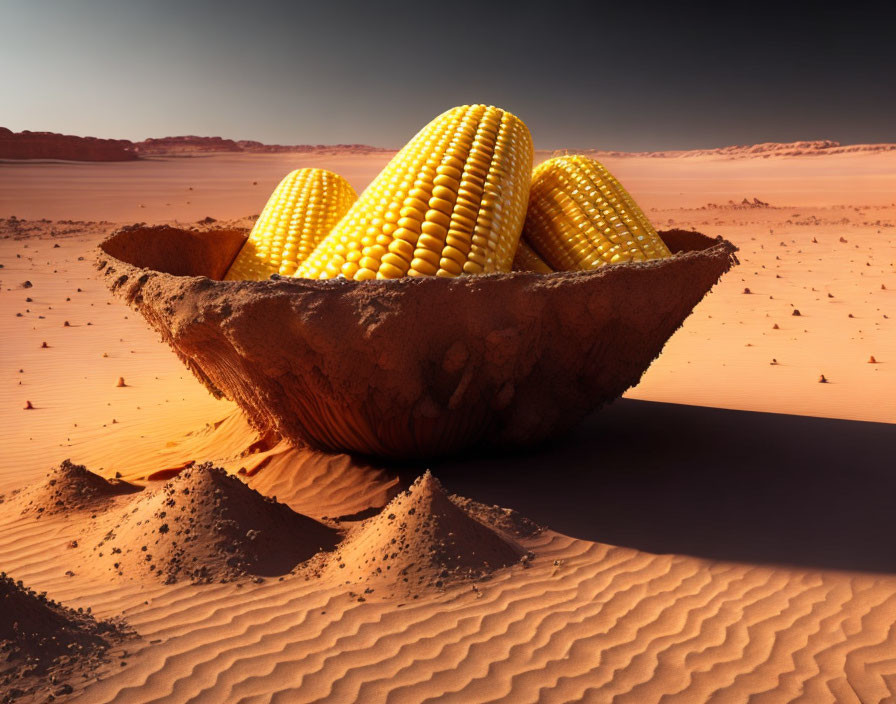 Corn cobs in bowl on sandy desert dunes under warm sky