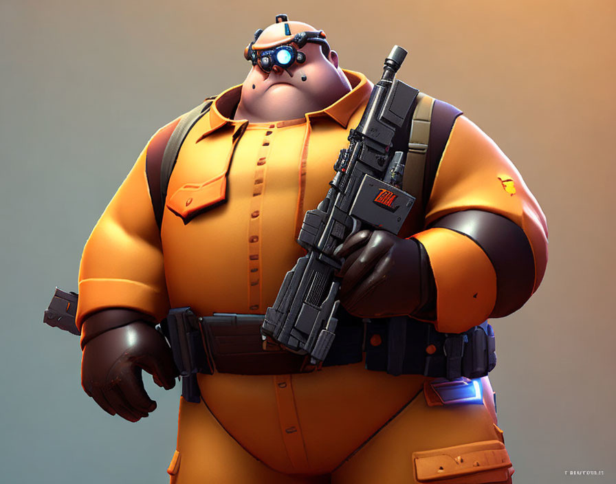 Large humanoid figure in orange suit with gun and goggles on gradient background