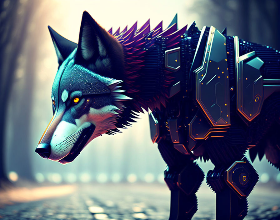 Cybernetic wolf digital art with neon blue accents in misty forest