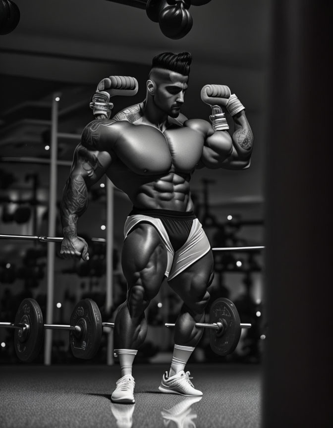 Muscular person with tattoos lifting dumbbells in gym attire