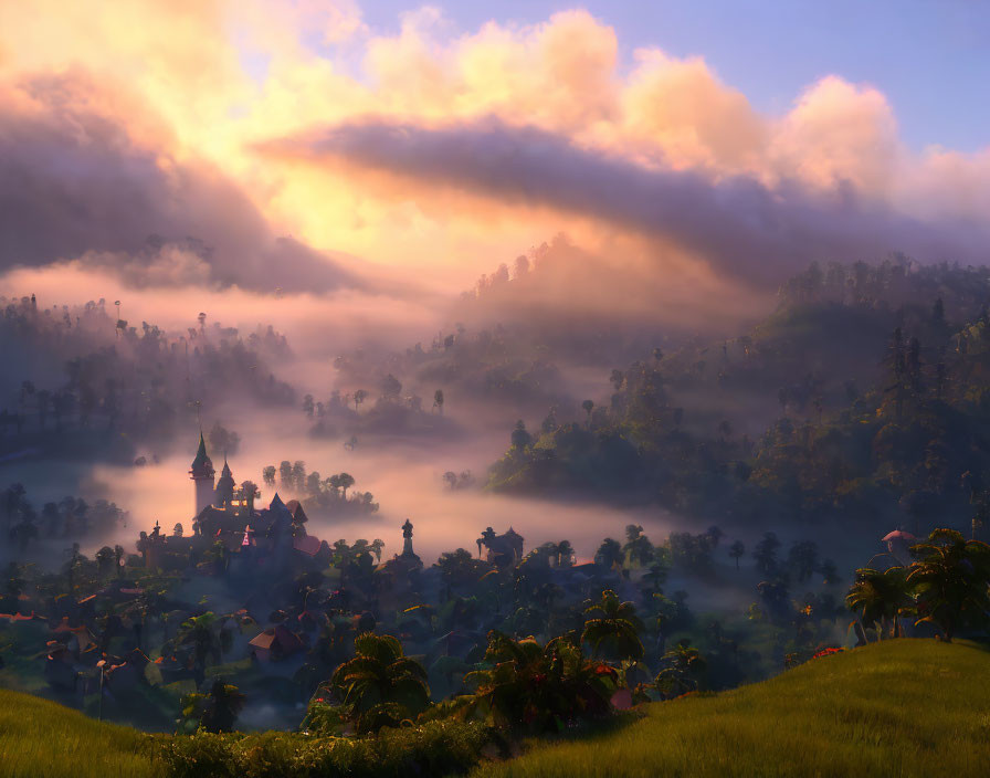 Serene sunrise landscape with misty rays over traditional village in hills